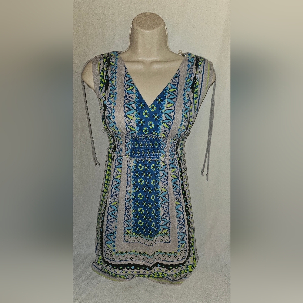 Decree Blue and Green V-Neck Sundress Casual Resort Wear